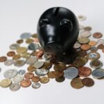 a black piggy bank in the middle of coins